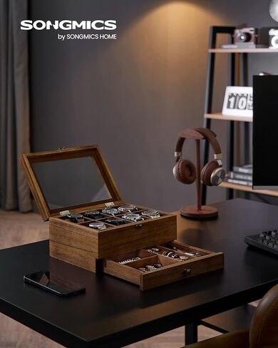 حزمة عناصر SONGMICS المكونة من عنصرين - صناديق الساعة، حامل ساعة من طبقتين مع 7 أعمدة، درج، بطانة مخملية، علبة ساعة من طبقتين مع 8 فتحات، جوز ريفي وبني بني UJOW007K01 وUJOW008K01 in Saudi Arabia