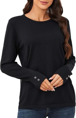 Womens Pullover Sweaters Casual Crewneck: Solid Color Long Sleeve Pullovers Jumper Classic Soft Sweater Tops for Women in Kuwait