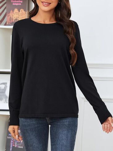 Womens Pullover Sweaters Casual Crewneck: Solid Color Long Sleeve Pullovers Jumper Classic Soft Sweater Tops for Women in Kuwait