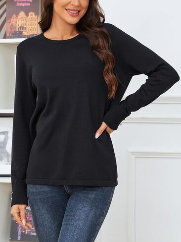 Womens Pullover Sweaters Casual Crewneck: Solid Color Long Sleeve Pullovers Jumper Classic Soft Sweater Tops for Women in Kuwait