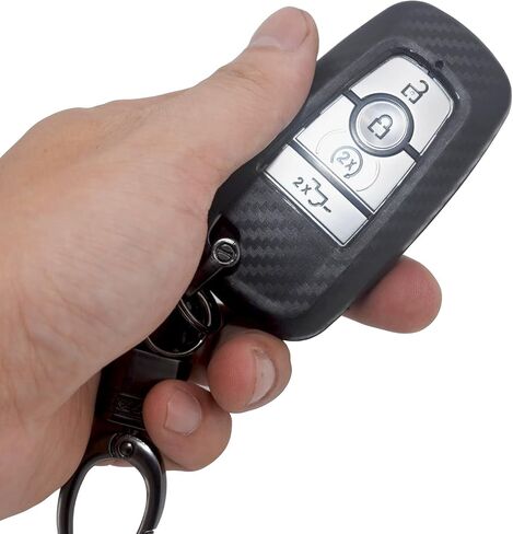 Soft Silicone Rubber Carbon Fiber Texture Case Key Fob Cover Protector with Keychain for Ford Bronco Mustang Fusion Raptor F150 F250 Explorer Expedition Lincoln Aviator Corsair 2020(Black) in Saudi Arabia