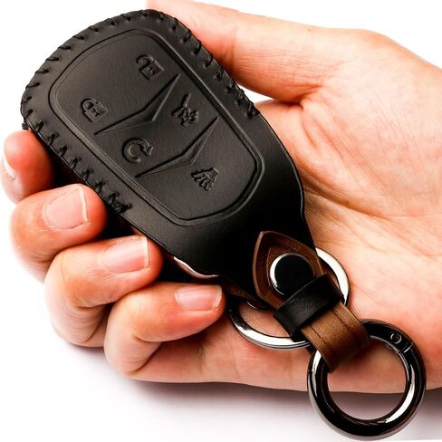 for Cadillac Key Fob Cover Leather Keychain Protection for Cadillac Escalade CTS SRX XT5 ATS STS CT6 Key Shell Case Holder (5 Button-Black)… in Saudi Arabia