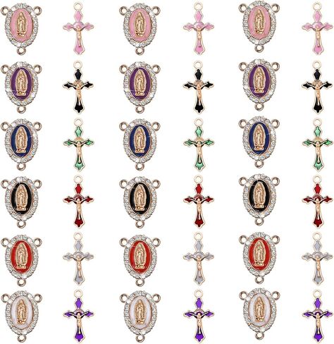 48Pcs/24Sets Rosary Making Kits Supplies Cross and Center Medal Charms Alloy Enamel Rhinestones Virgen de Guadalupe Charm Pendant for Diy Catholic Prayer Necklace in Saudi Arabia