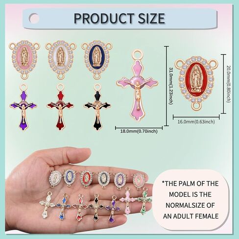 48Pcs/24Sets Rosary Making Kits Supplies Cross and Center Medal Charms Alloy Enamel Rhinestones Virgen de Guadalupe Charm Pendant for Diy Catholic Prayer Necklace in Saudi Arabia