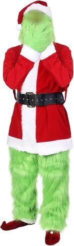 Christmas Santa Claus Costume with Mask Green Furry Outfit for Adult Men Woman in Saudi Arabia