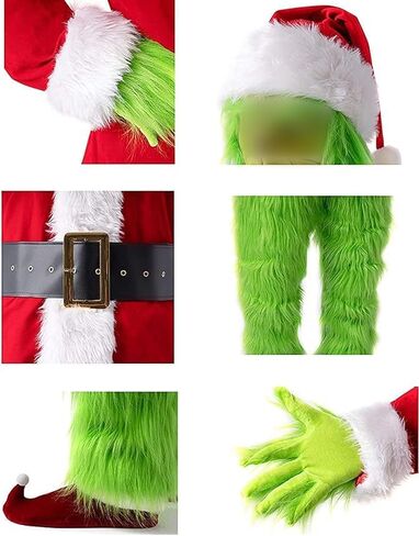 Christmas Santa Claus Costume with Mask Green Furry Outfit for Adult Men Woman in Saudi Arabia