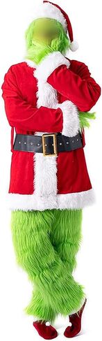 Christmas Santa Claus Costume with Mask Green Furry Outfit for Adult Men Woman in Saudi Arabia