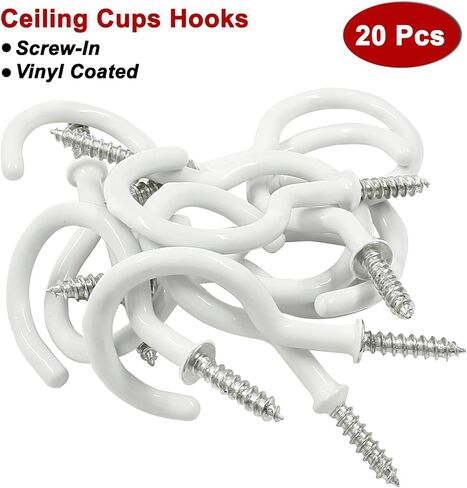 100 Pcs 1'' Vinyl Coated Ceiling Hooks,White Screw-in Ceiling Cup Hooks,Self-Tapping Screw Mug Hook for Hanging Plant,Light,Wind Chimes Hooks for Kitchen in Kuwait
