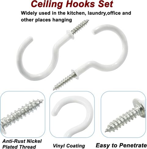 100 Pcs 1'' Vinyl Coated Ceiling Hooks,White Screw-in Ceiling Cup Hooks,Self-Tapping Screw Mug Hook for Hanging Plant,Light,Wind Chimes Hooks for Kitchen in Kuwait