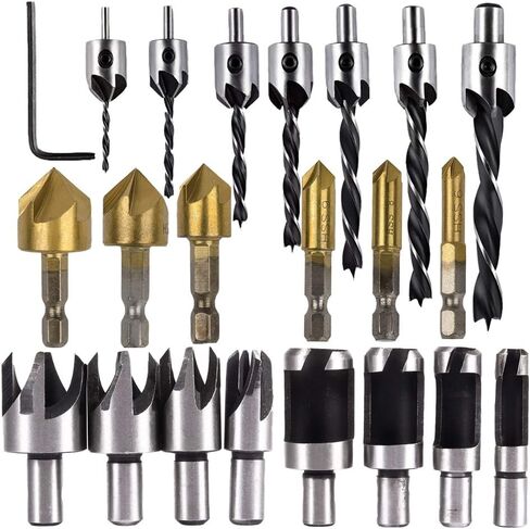 Woodworking Drilling or Chamfer tool,8PCS Wood Plug cutter,6pcs 1/4" Hex 5 Flute 90 Degree Countersink Drill Bits,7pcs Three Pointed Countersink Drill Bit with L-wrench and Automatic center punch in Saudi Arabia