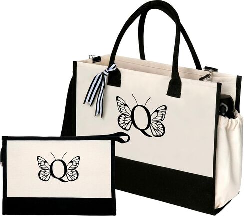 tote bag (C) Embroidered Butterfly monogram Letter C Canvas Tote Bag with Makeup Bag Beach Bag with Pockets Adjustable Strap Birthday Gifts in Saudi Arabia