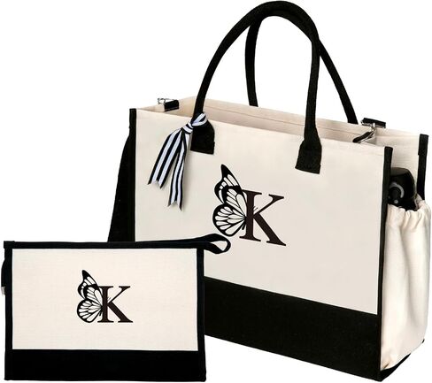 tote bag (C) Embroidered Butterfly monogram Letter C Canvas Tote Bag with Makeup Bag Beach Bag with Pockets Adjustable Strap Birthday Gifts in Saudi Arabia