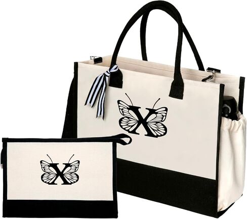 tote bag (C) Embroidered Butterfly monogram Letter C Canvas Tote Bag with Makeup Bag Beach Bag with Pockets Adjustable Strap Birthday Gifts in Saudi Arabia