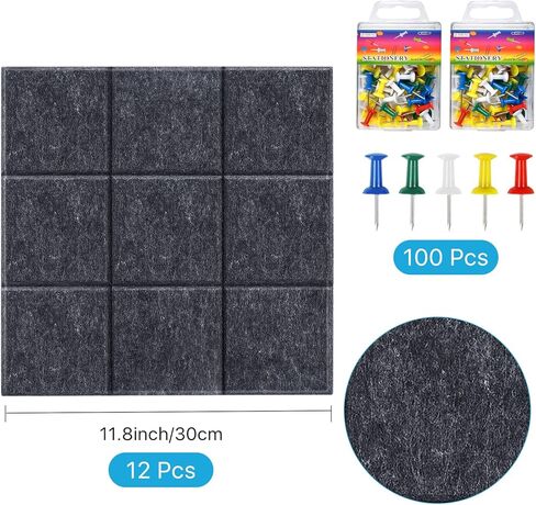 بلاط لوح الفلين الكبير، 12 عبوة من بلاط الحائط اللباد مع 100 دبوس دفع، لوحات إشعارات مكتبية ذاتية اللصق للمنزل، المطبخ، الصور، المذكرات 11.8 بوصة × 11.8 بوصة in Kuwait