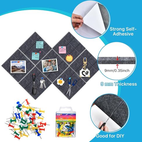 بلاط لوح الفلين الكبير، 12 عبوة من بلاط الحائط اللباد مع 100 دبوس دفع، لوحات إشعارات مكتبية ذاتية اللصق للمنزل، المطبخ، الصور، المذكرات 11.8 بوصة × 11.8 بوصة in Kuwait