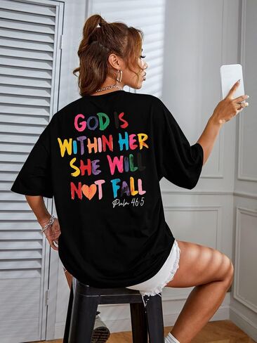 Oversized Christian Shirts for Women God is Within Her T Shirt Casual Christians Inspirational Tee Tops in Saudi Arabia