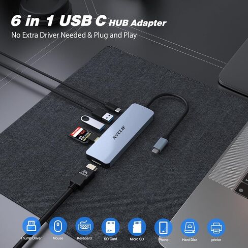 محول USB C، محور USB C 6 في 1، دونجل USB C بشاشة مزدوجة مع HDMI 4K، 100 وات PD، USB 3.0، SD/TF، ​​محور متعدد المنافذ لأجهزة الكمبيوتر المحمول من النوع C والأجهزة الأخرى in Saudi Arabia