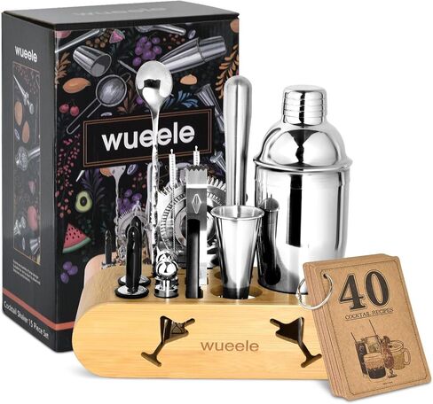 Bartender Kit:15-Piece Bar Tool Set with Bamboo Stand, Stainless Cocktail Shaker Set with All Essential Accessory Tools, Professional Bar Tools for The Home Mixologist Cocktail Recipe Booklet in Saudi Arabia