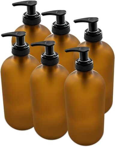The Bottle Depot - 6 Pack - 16 oz Glass Bottle with Black Lotion Pump - Amber Frosted - 28-400 Neck Finish - Boston Round Bottles - UV Rays Protection in Saudi Arabia