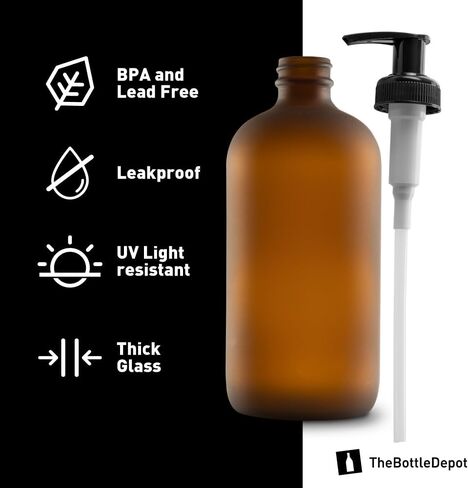 The Bottle Depot - 6 Pack - 16 oz Glass Bottle with Black Lotion Pump - Amber Frosted - 28-400 Neck Finish - Boston Round Bottles - UV Rays Protection in Saudi Arabia