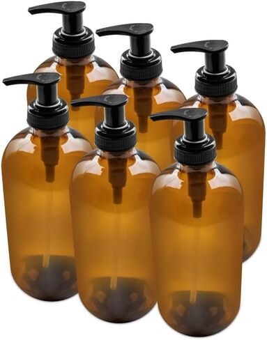 The Bottle Depot - 6 Pack - 16 oz Glass Bottle with Black Lotion Pump - Amber Frosted - 28-400 Neck Finish - Boston Round Bottles - UV Rays Protection in Saudi Arabia