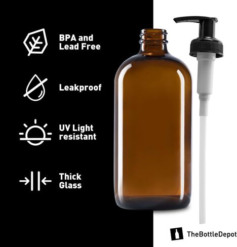 The Bottle Depot - 6 Pack - 16 oz Glass Bottle with Black Lotion Pump - Amber Frosted - 28-400 Neck Finish - Boston Round Bottles - UV Rays Protection in Saudi Arabia