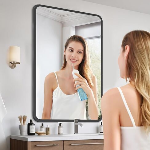 36x24 Inch Bathroom Mirror, Matte Framed Rectangle Wall Mirror, Bathroom Mirrors for Over Sink, Restroom, Farmhouse, Anti-Rust, Tempered Glass, Horizontally or Vertically Hanging -Black in Saudi Arabia