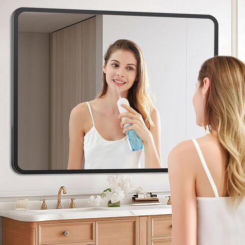 36x24 Inch Bathroom Mirror, Matte Framed Rectangle Wall Mirror, Bathroom Mirrors for Over Sink, Restroom, Farmhouse, Anti-Rust, Tempered Glass, Horizontally or Vertically Hanging -Black in Saudi Arabia