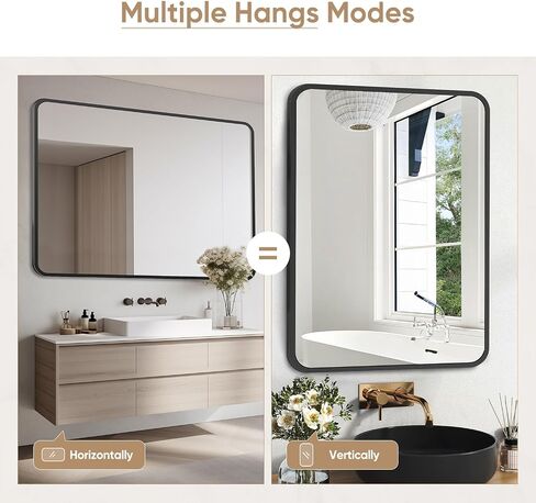 36x24 Inch Bathroom Mirror, Matte Framed Rectangle Wall Mirror, Bathroom Mirrors for Over Sink, Restroom, Farmhouse, Anti-Rust, Tempered Glass, Horizontally or Vertically Hanging -Black in Saudi Arabia