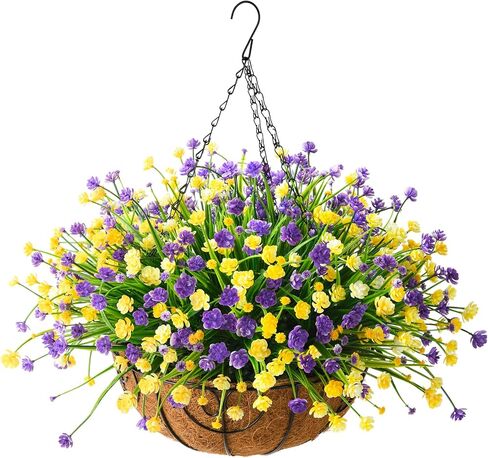 Homsunny Artificial Faux Hanging Plants Flowers Basket for Spring Summer, Colorful Daisy Flowers Eucalyptus UV Resistant Look Real for Outdoor Outside Porch Decoration(Purple Yellow) in Saudi Arabia
