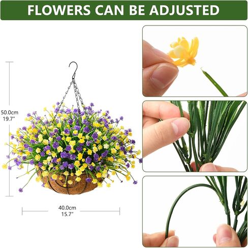 Homsunny Artificial Faux Hanging Plants Flowers Basket for Spring Summer, Colorful Daisy Flowers Eucalyptus UV Resistant Look Real for Outdoor Outside Porch Decoration(Purple Yellow) in Saudi Arabia