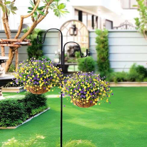 Homsunny Artificial Faux Hanging Plants Flowers Basket for Spring Summer, Colorful Daisy Flowers Eucalyptus UV Resistant Look Real for Outdoor Outside Porch Decoration(Purple Yellow) in Saudi Arabia
