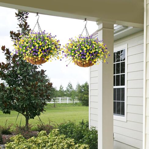 Homsunny Artificial Faux Hanging Plants Flowers Basket for Spring Summer, Colorful Daisy Flowers Eucalyptus UV Resistant Look Real for Outdoor Outside Porch Decoration(Purple Yellow) in Saudi Arabia