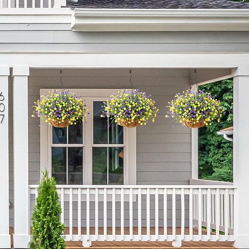 Homsunny Artificial Faux Hanging Plants Flowers Basket for Spring Summer, Colorful Daisy Flowers Eucalyptus UV Resistant Look Real for Outdoor Outside Porch Decoration(Purple Yellow) in Saudi Arabia
