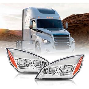 Freightliner Cascadia Headlights fits 2018-2023, Projector Headlamps, Pair Set, Chrome Housing