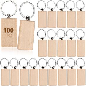 JUXYES 100 PCS Unfinished Wooden Keychain Blanks for Engraving, Wood Engraving Blanks Key Chain, DIY Rectangle Wood Keychain Tags Unfinished Wooden Key Ring Key Tag