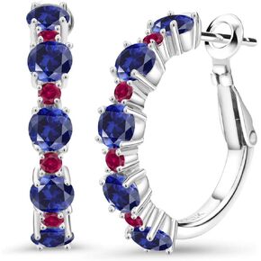 Gem Stone King 925 Sterling Silver Blue Created Sapphire and Red Created Ruby Hoop Earrings For Women (2.90 Cttw, Round 4MM and 1.9MM, Gemstone Birthstone 1 Inch Diameter)