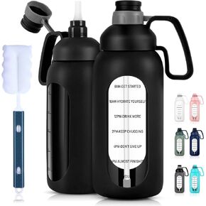 Aqulea 64 Oz Glass Water Bottle with Straw - Half Gallon Water Bottle with Straw – 2L BPA Free - Large Motivational Time Insulated Water Bottle with Handle and Sleeve - Gym Water Bottle