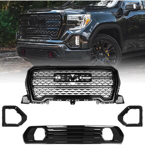 Grille Set 4pcs Compatible with GMC Sierra 1500 AT4/Denali 2019 2020 2021 Front Upper Grill + Front Lower Bumper Filler + Fog Light Bezels (Gloss Black)