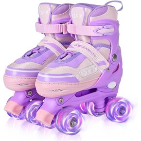 Girls Roller Skates for Kids Child Beginners, Adjustable 4 Sizes Roller Skates for Kids and Youth with Light Up Wheels, Quad Purple & Pink Roller Skates for Sports