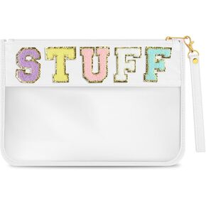 Morcheiong Chenille Letter Bag Cute Clear Zipper Stuff Pouch Portable Multi-purpose PVC and Nylon Makeup Bag with Handle for Travel School Gym Beach（Beige Beach）