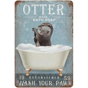 Vintage Tin Sign Otter Bathroom Sign Otter Co. Bath Soap Wash Your Paws Bathroom Art Wall Decoration Plaque Bathroom Toilet Home Metal Poster 5.5x8inch