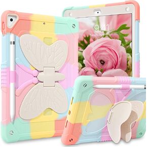 YINLAI Case for iPad 6th Generation, iPad 9.7 Inch 6th/5th Gen 2018/2017 /iPad Air 2nd/ Pro 9.7 Case with Pencil Holder Butterfly Kickstand Girls Kids Heavy Duty Shockproof Protective Cover, Black