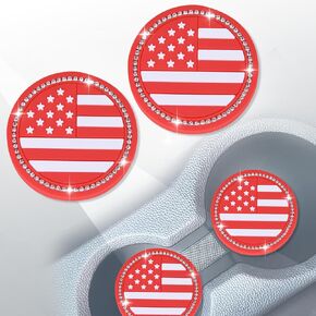 Car Cup Coaster 2 Pack,USA Flag Cup Coaster,American Flag Cup Coaster,Soft Solicone Cup Coaster,Universal Fit Car Coaster,Bling Rhinestone Car Coaster(2PC,Bling-Black)