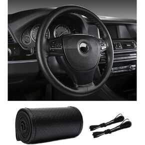 Car Stitch Steering Wheel Cover,Leather Steering Wheel Wrap with Needle and Thread,Anti Slip DIY Kit Steering Wheel Cover Men & Women for Car Interior Decoration (Black)