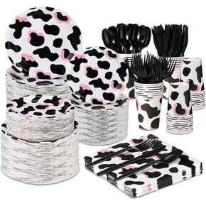 350 Pcs Pink Cow Print Party Supplies Cow Party Tableware Set Serve 50 Cow Print Plates Napkins Cups Cow Theme Party Decoration for Girl Boy Barnyard Farm Animal Cow Theme Birthday Baby Shower
