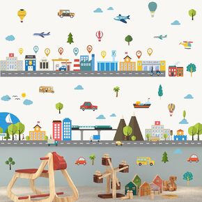 Creative City Buildings and Transports Wall Decals City Car Road Scene Wall Stickers DIY Removable City Car Train Plane Tree Kids Wall Art Decor for Children Babys Bedroom Nursery Playroom DT-4962