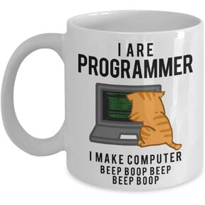CustUmmMerch Computer Programmer Cat Coffee Mug Funny Coder Coworker Meme Programming