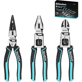 DURATECH 3PCS Pliers Set, Large 6 in 1 Multifunctional Wire Stripper Crimper Cutter, 8.5" Long Nose Pliers, 8.5" Linesman Pliers, 8" Diagonal Side Cutting Pliers
