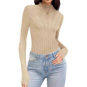 Ekouaer Turtleneck Shirt Women Ruffle Ribbed Long Sleeve Mock Neck Tops Slim Fit Lettuce Trim Base Layer